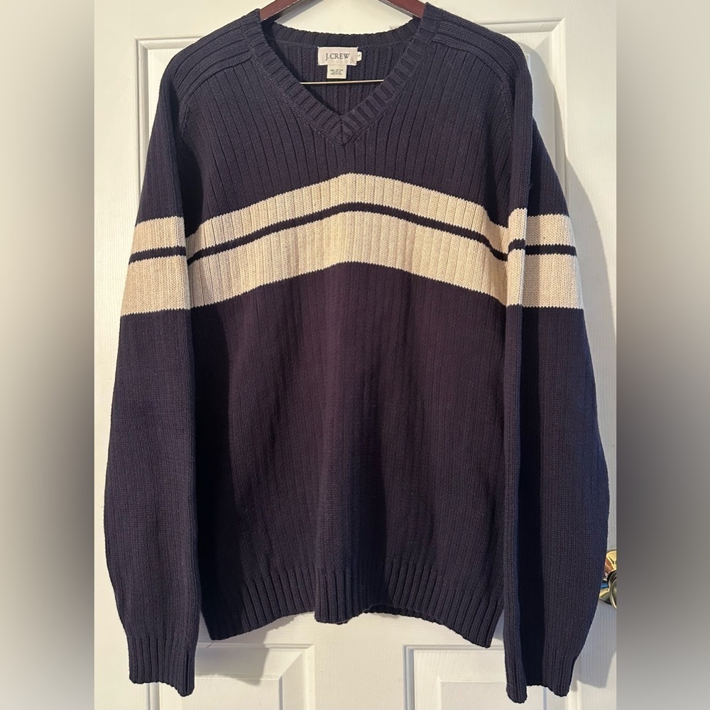 J. CREW Authentic Vntg Y2K L Navy Cotton Ribbed Stripe V Neck Varsity Ribbed NEW - Picture 5 of 9